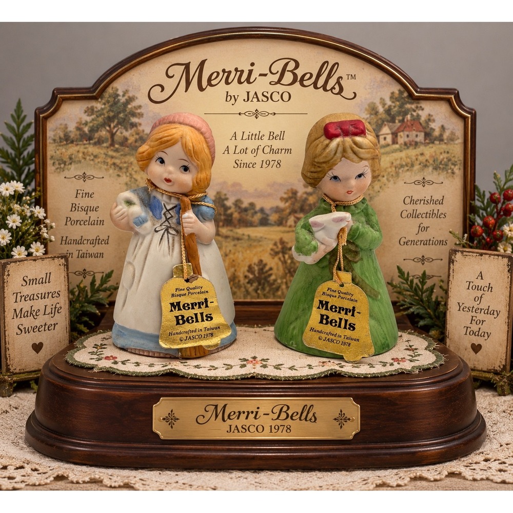 Vintage 1978 JASCO Merri-Bells Bisque Porcelain Girl Figurines Set of 2